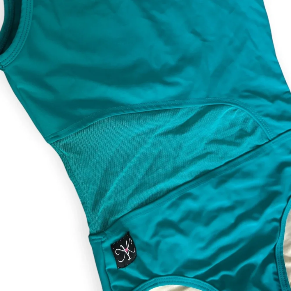 Kandi Kouture Teal Blue Mesh Cutout Dance Leotard Kids Size CL 7/8 Gymnastics